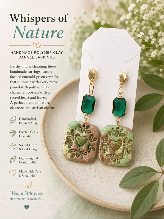 Handmade Jewelry - Handmade Emerald Green Heart & Leaf Dangle Earrings